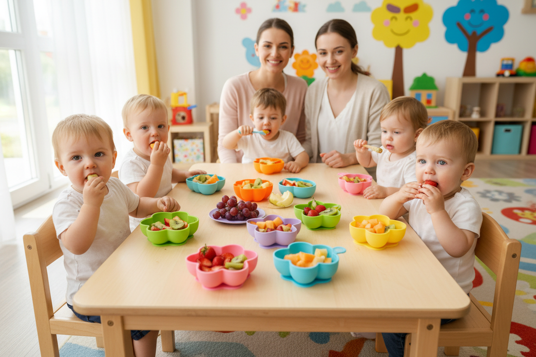 Enfants à la garderie mangeant des fruits dans des bols en silicone colorés