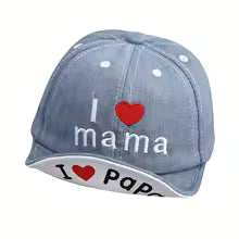 Casquette bleu denim I love mama et I love Papa