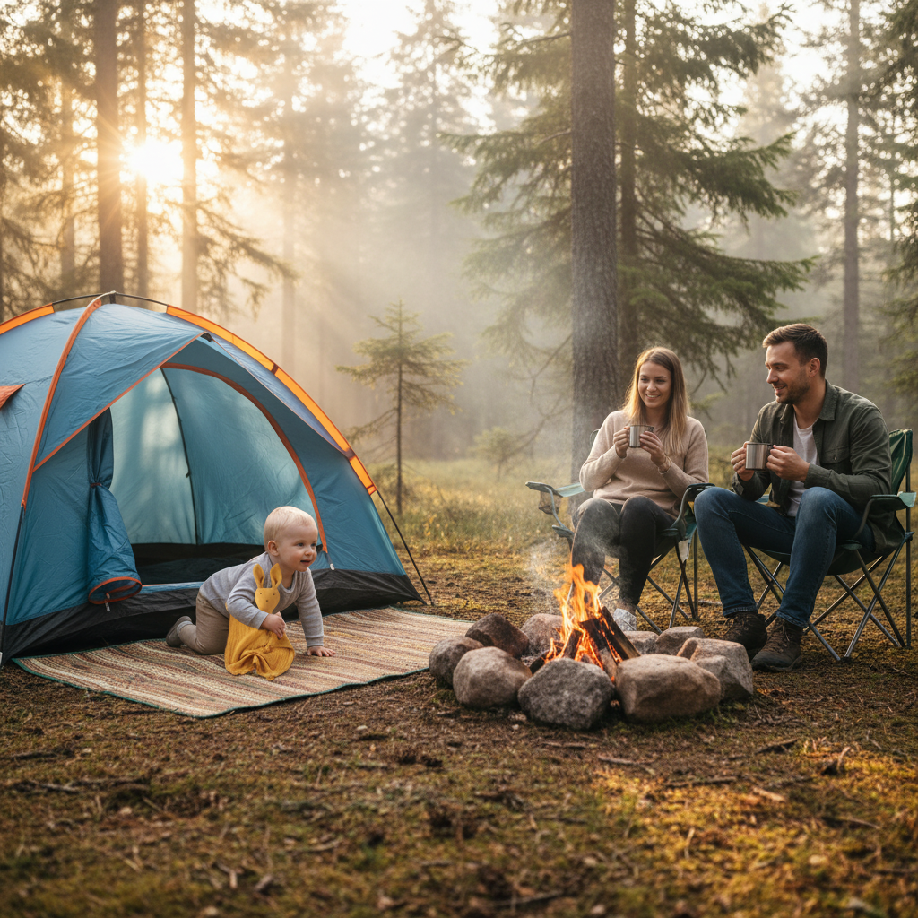 Bébé sort de la tente de camping à 4 pattes avec son doudou dans la main.  Papa et maman son assis sur des chaise de camping buvant leur café, près du feu de camps dans la foret style boréal au lever du jour.
