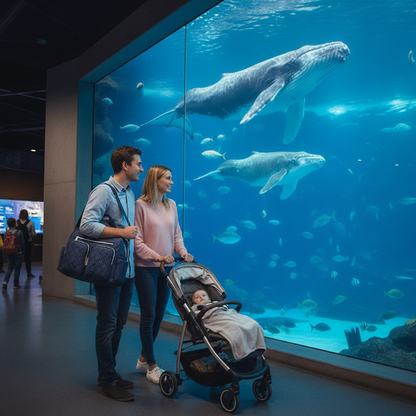  Papa, maman et bébé à l'aquarium baleine. Papa porte le sac à langer sur l'épaule