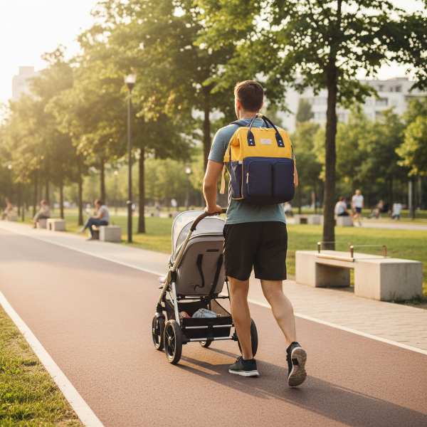Papa pour le sac a dos a langer, il pousse bébé dans sa poussette en faisant son jogging sur une piste cyclable