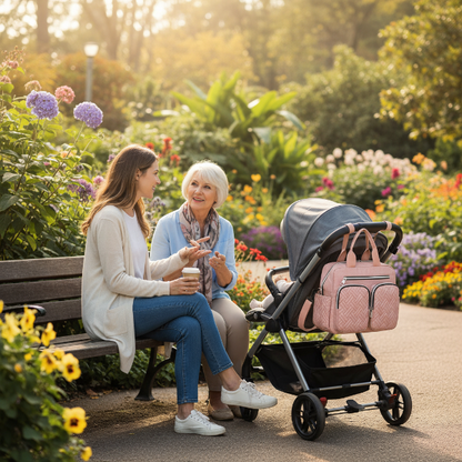  Maman, mamie et bébé au jardin botanique. Le sac à langer rose accroché à la poignée de la poussette