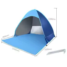 Tente de plage pop-up ouverte avec dimensions intérieures affichées