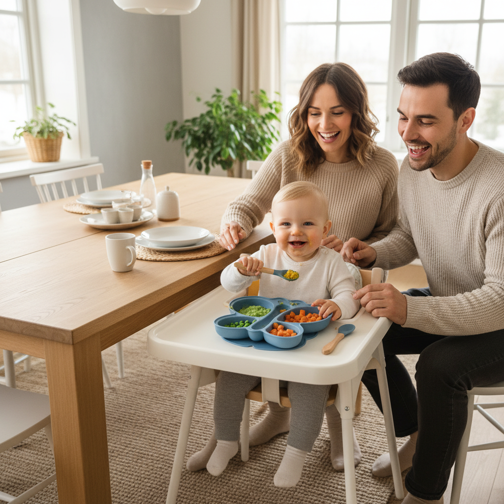 Bébé mange dans sa chaise haute en compagnie de maman et papa avec sa cuillère et son assiette papillon bleu foncé