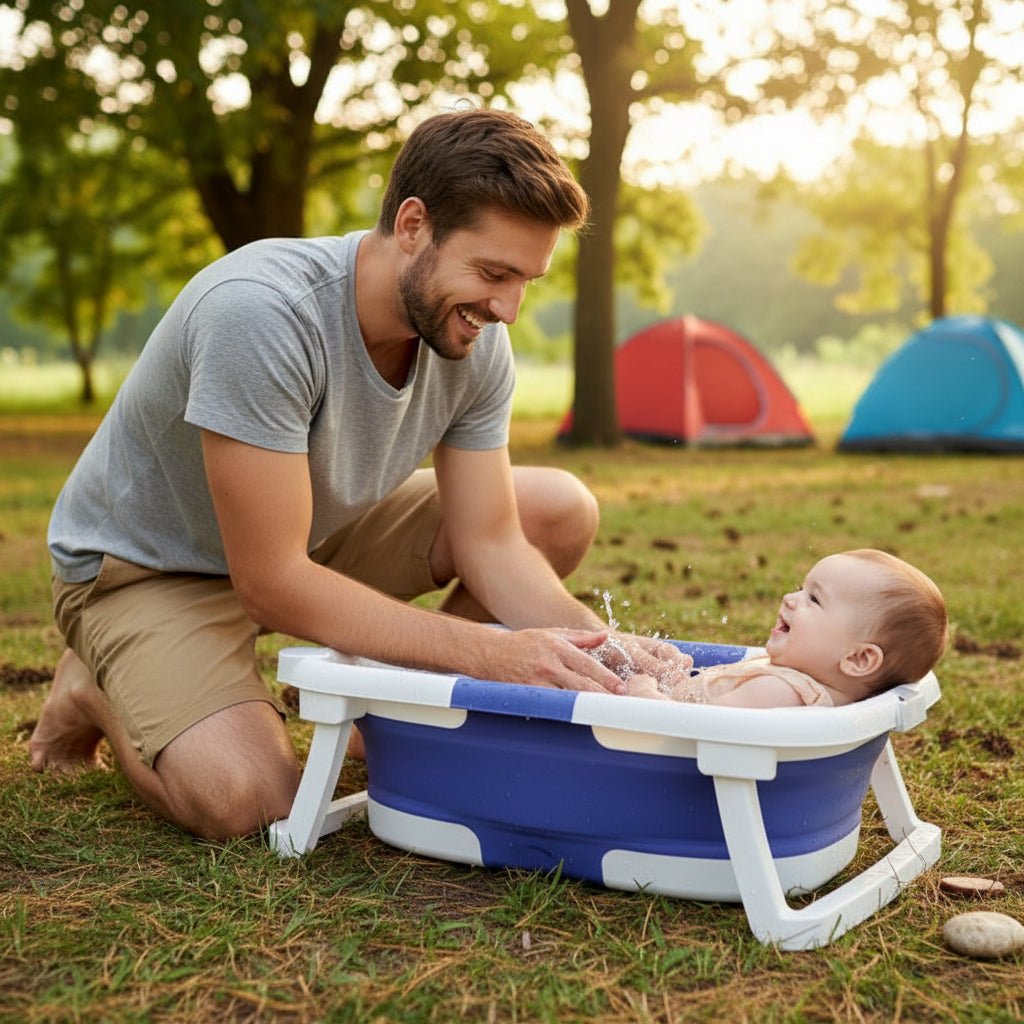 Baignoire bébé | Pliable, Matelas et Thermomètre Intégré - Randonnée avec bébé