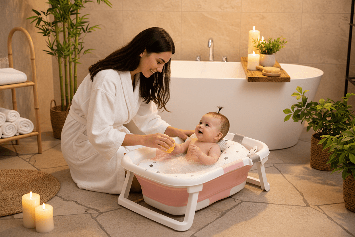 Baignoire bébé | Pliable, Matelas et Thermomètre Intégré - Randonnée avec bébé