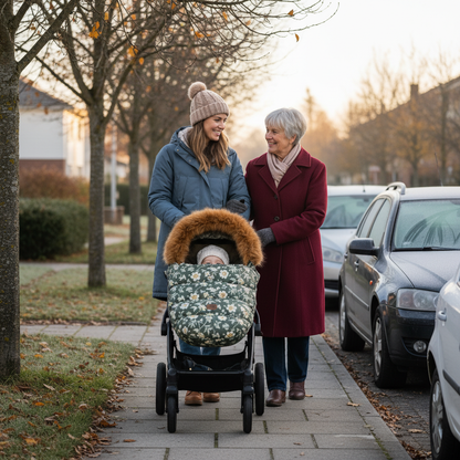 Balade de maman et mamie poussant bébé dans sa poussette bien au chaud dans sa chancelière vert motif fleurai sur le trottoir fin automne