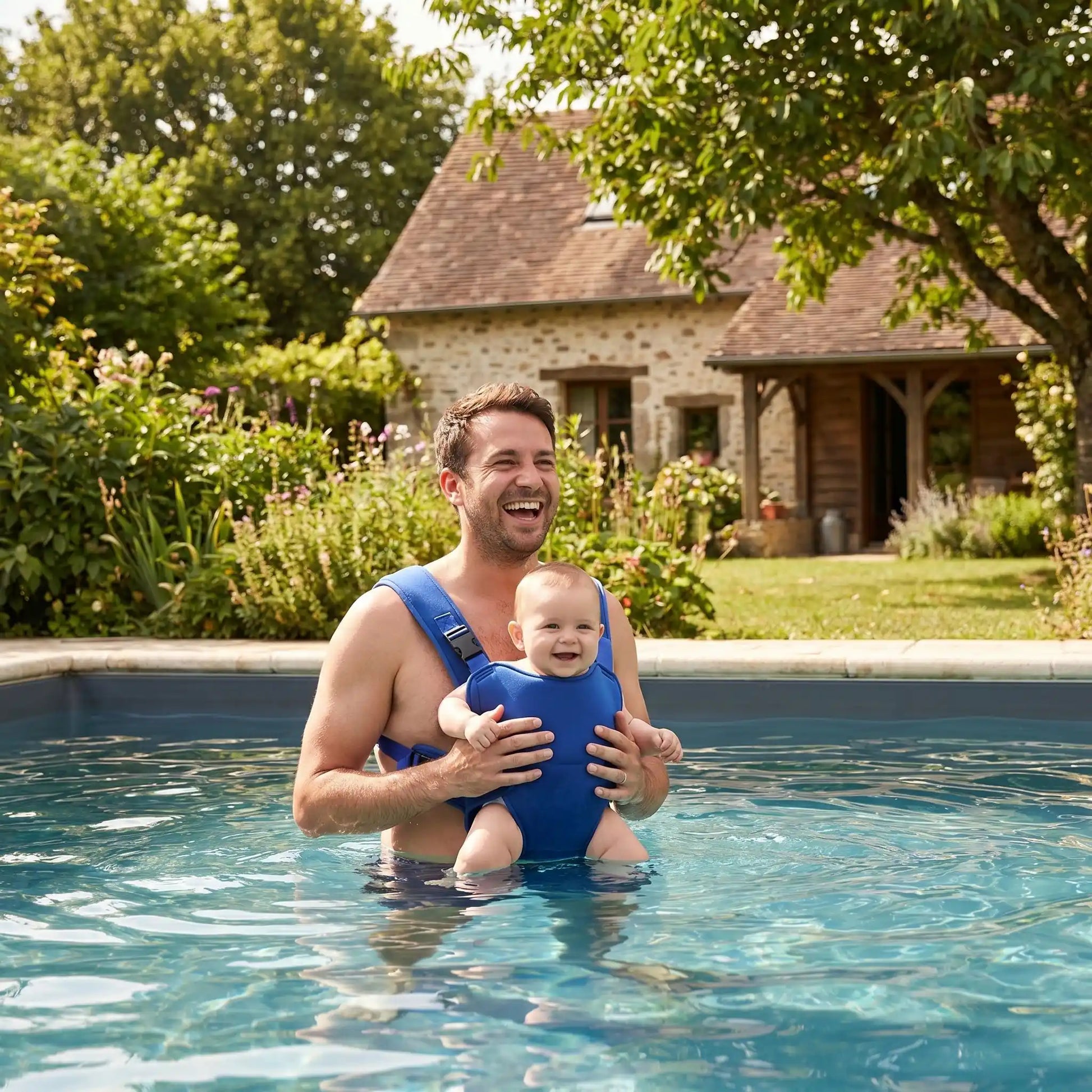 Bébé dans le porte bébé installer sur papa se baignant dans la piscine dans l'arrière cours de chez mamie. Dans sa  maison de campagne.