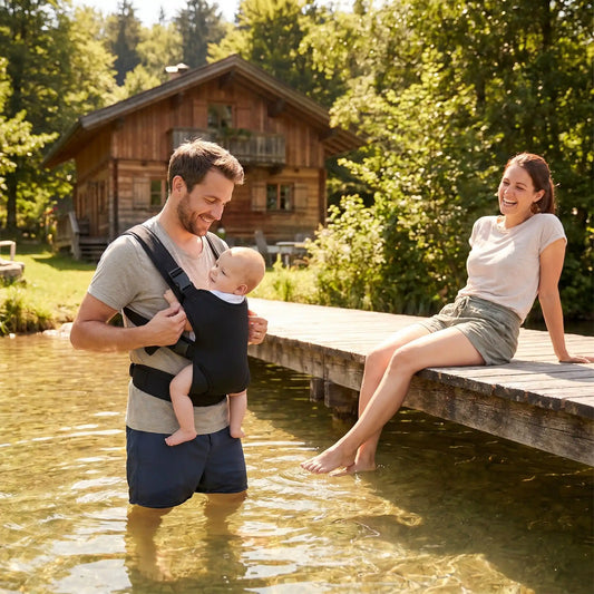 Bébé dans porte-bébé installer sur papa au chalet