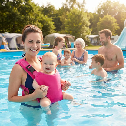 Bébé dans son porte-bébé rose à la piscine au camping