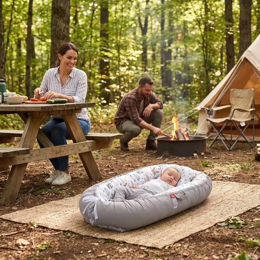 Bébé dors dans son reducteur nid dans la forêt en camping