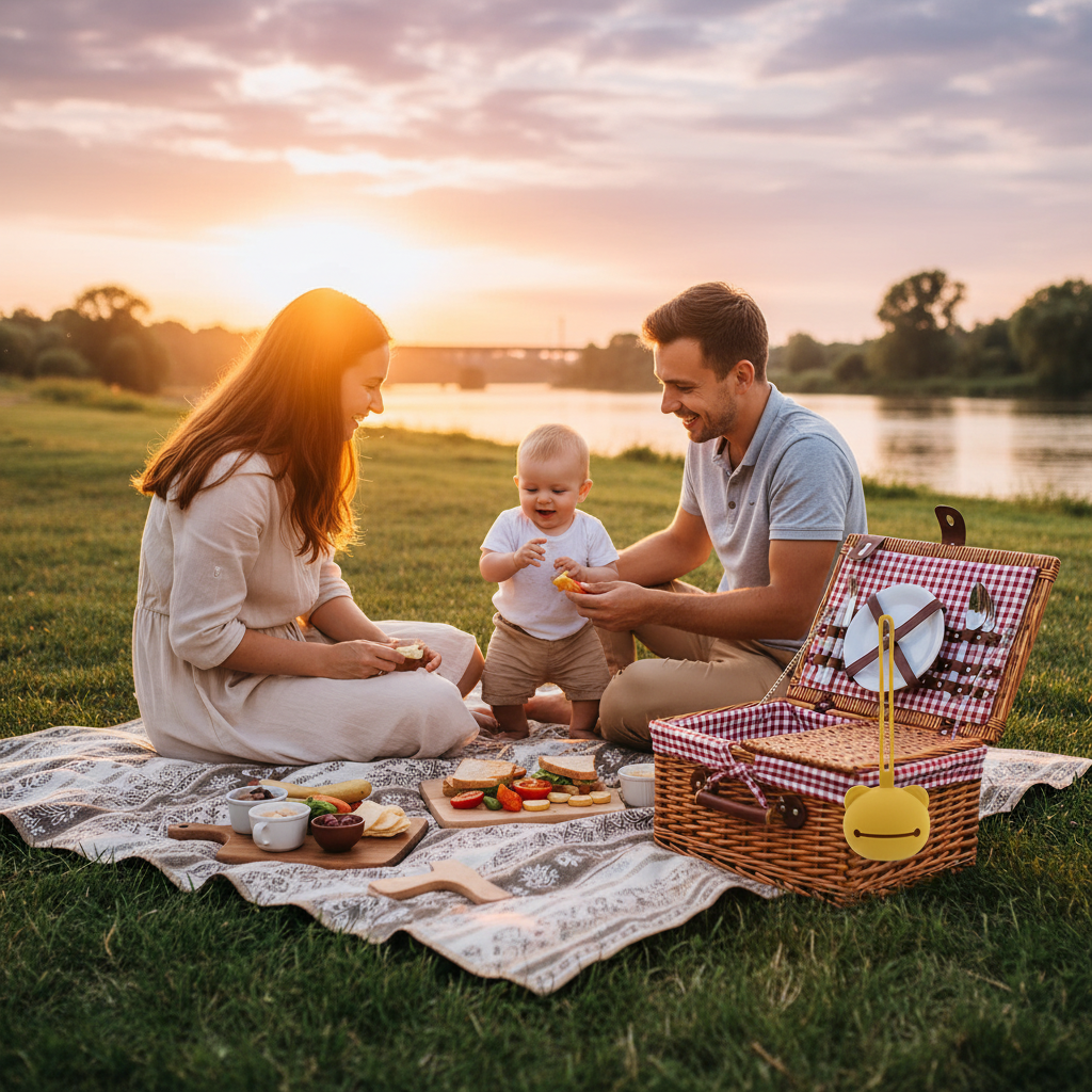 Pique nique au bord de la rivière avec le soleil couchant, la famille se régal et la boite à tétine est accroché au panier d'osier.