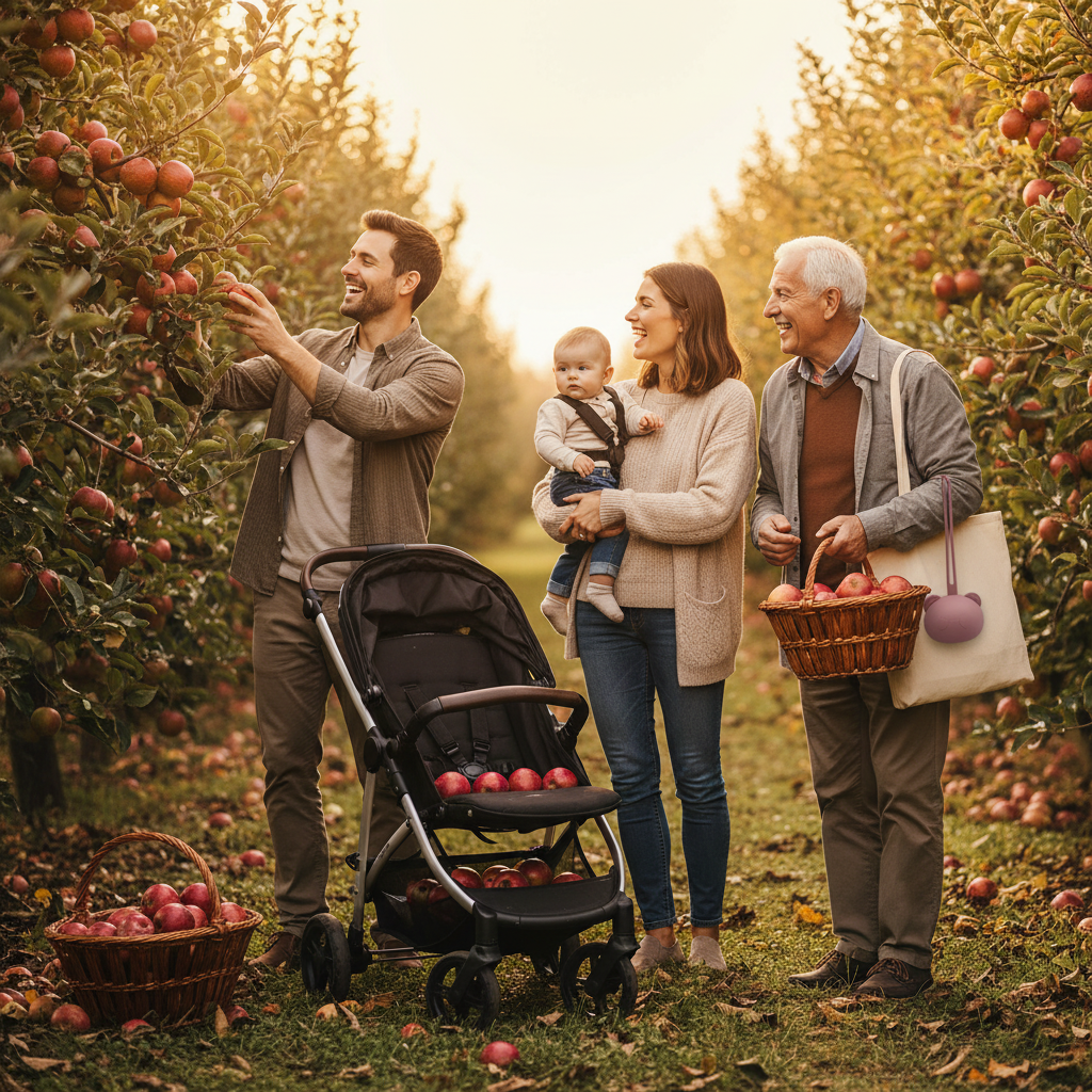 La famille réunie au verger pour cueillir des pommes. La boite a tétine accrocher au sac de mamie