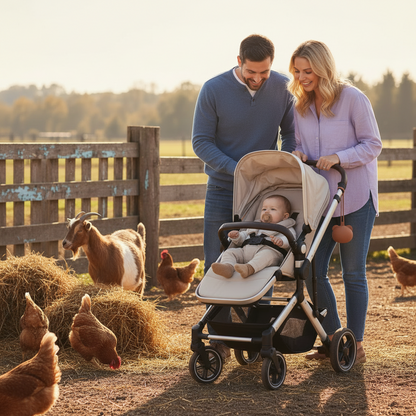 La famille visite la ferme avec bébé dans sa poussette la boite a tétine accrocher dessus.  Les poules et la chèvre autour d'eux.