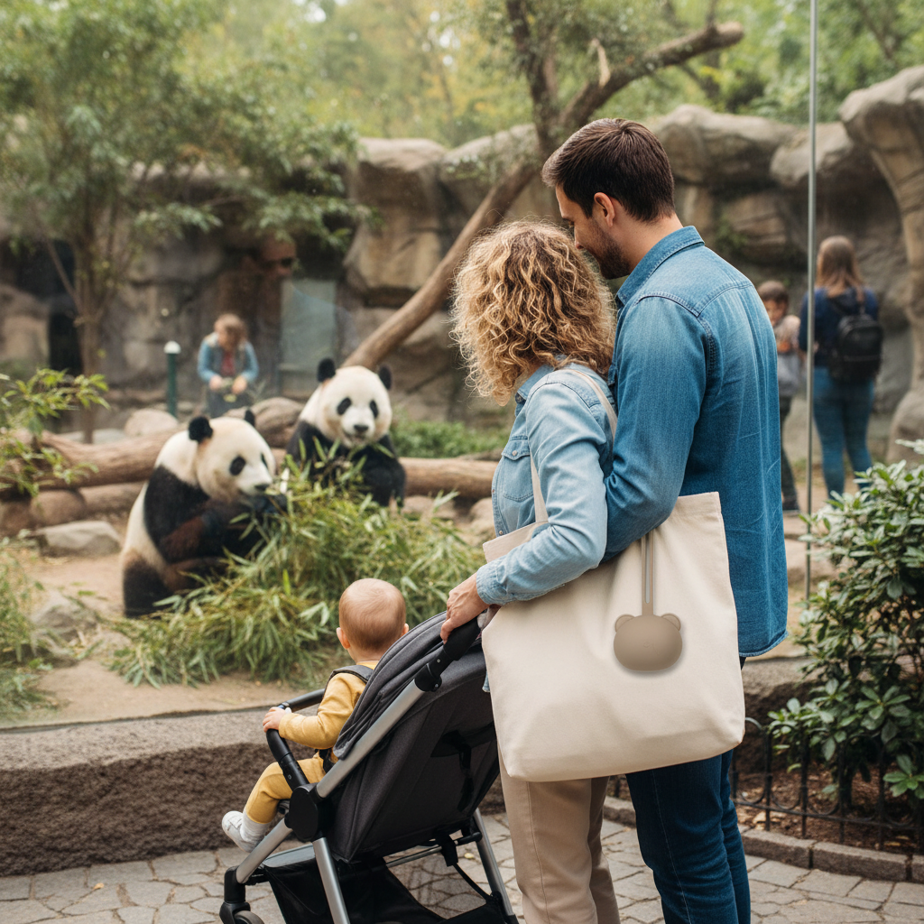 Famille au zoo devant l'enclos des pandas avec la boite a sucette panda accrocher sur le sac de maman