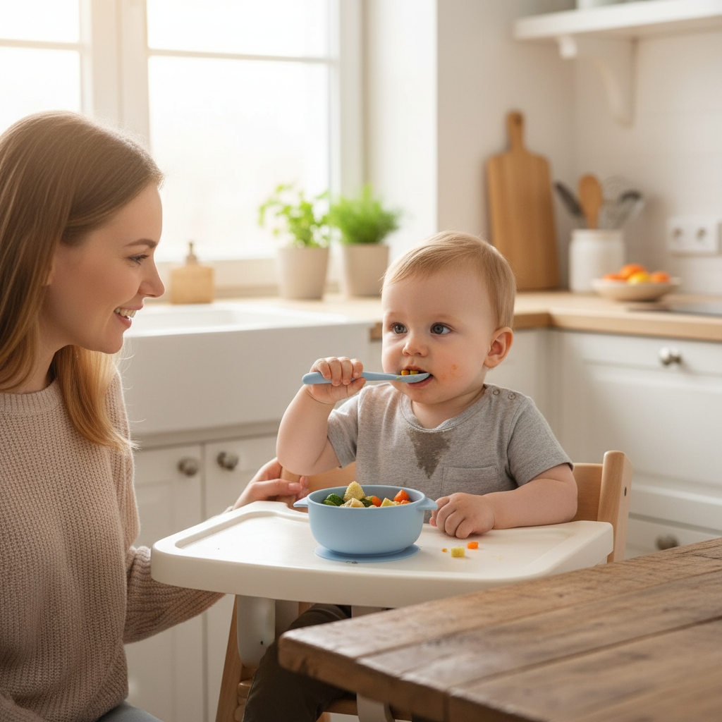 Bébé mange seul comme un grand avec sa cuillère et son bol bleu maya.  Maman souriante en face de lui, fière de son petit homme.