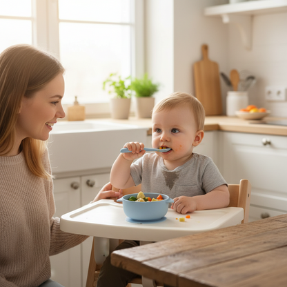 Bébé mange seul comme un grand avec sa cuillère et son bol bleu maya.  Maman souriante en face de lui, fière de son petit homme.
