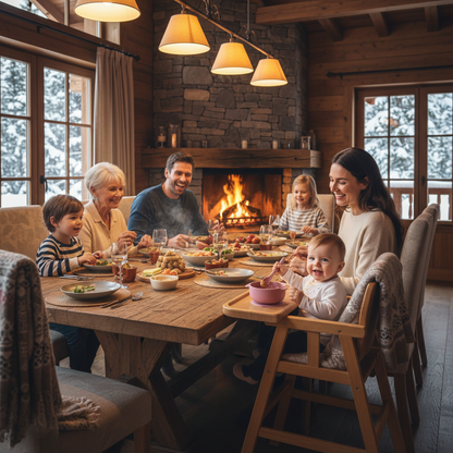 Souper en famille au chalet bébé mange seul dans sa chaise haute avec sa cuillère et son bol près de maman