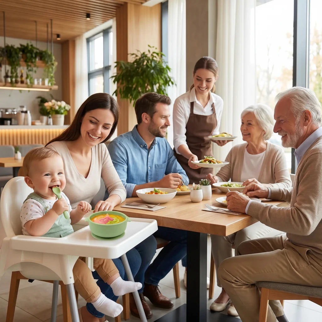 Bébé mange dans son bol avec sa cuillère au restaurant avec sa famille