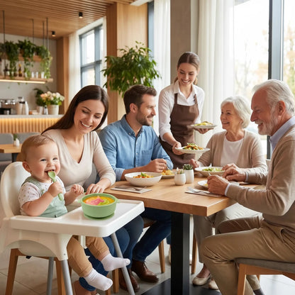 Bébé mange dans son bol avec sa cuillère au restaurant avec sa famille