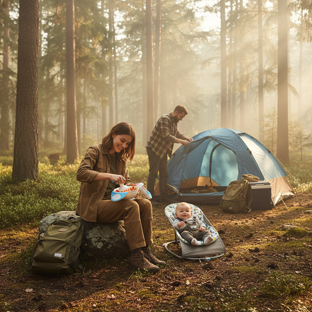 Journée au camping, pendant que papa installe le campement maman prépare la purée de bébé qui est dans son transat heureux.