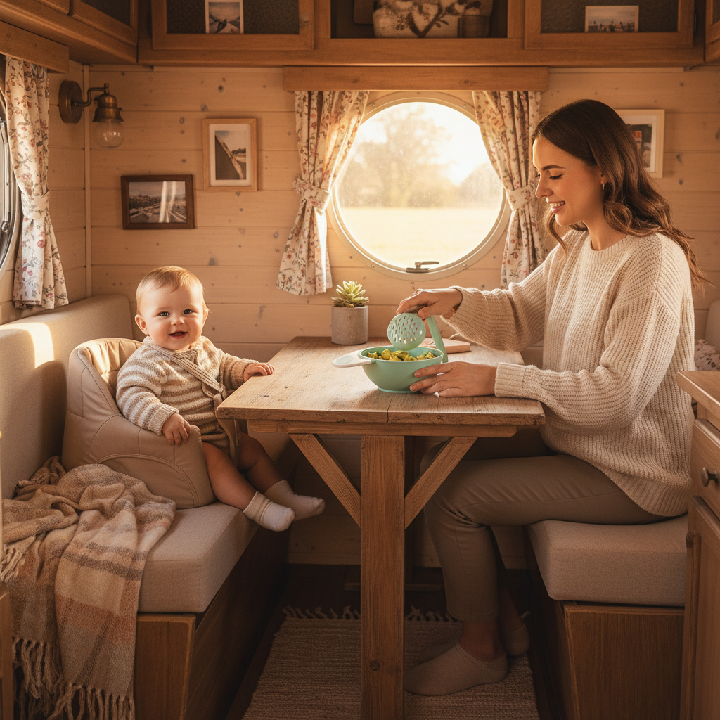 Maman prépare la purée de bébé assis à la table du chalet.  Bébé heureux en face attend patienment son bol.