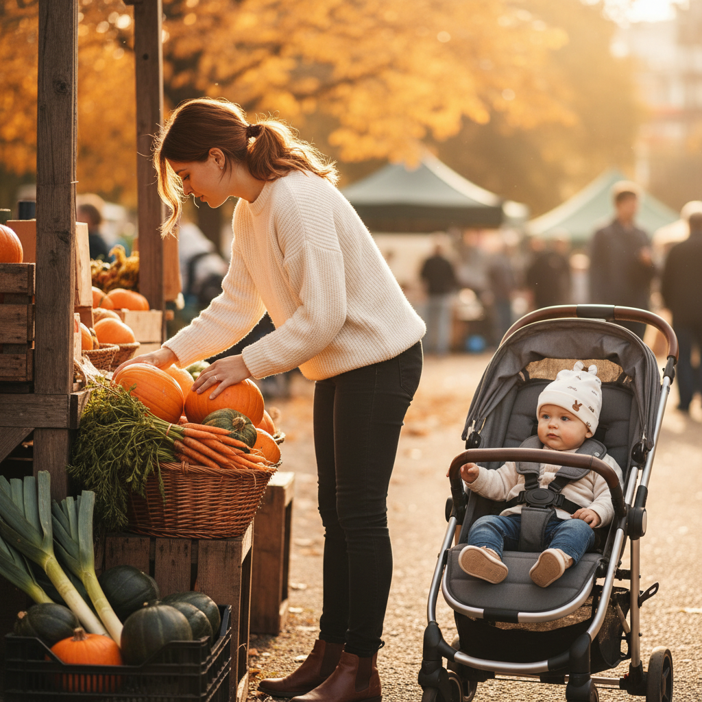 Maman choisit des légumes au marché public en automne, bébé en poussette coiffé de son bonnet bébé.