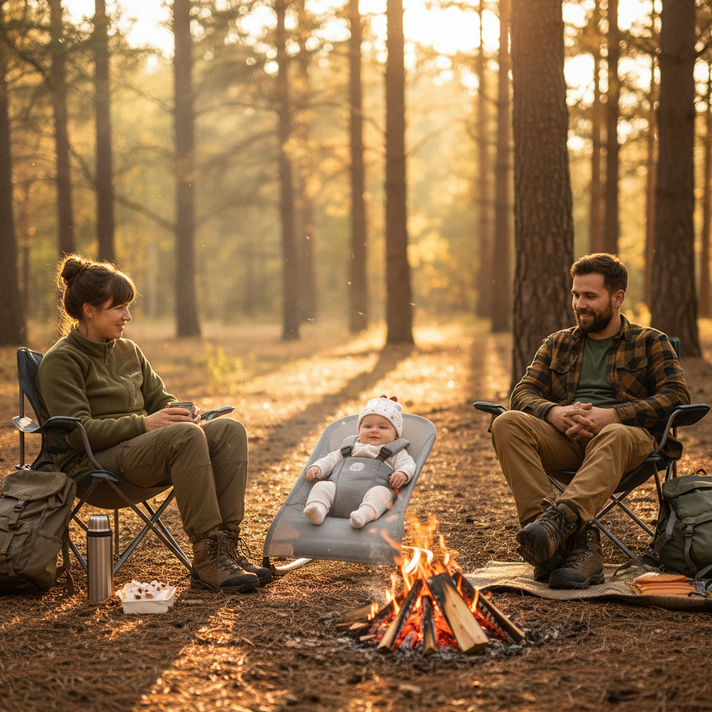 Bébé dans son transat coiffé de son bonnet bébé au camping, entouré de ses parents près du feu de camp après une randonnée.