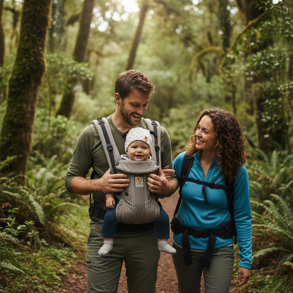Bébé garçon coiffé de son bonnet bébé en randonnée en forêt, dans un porte-bébé sur papa avec maman à leurs côtés.
