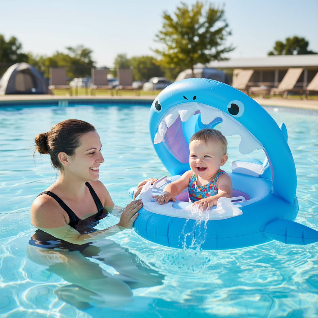 Maman se baigne avec bébé à la piscine du camping dans sa bouée
