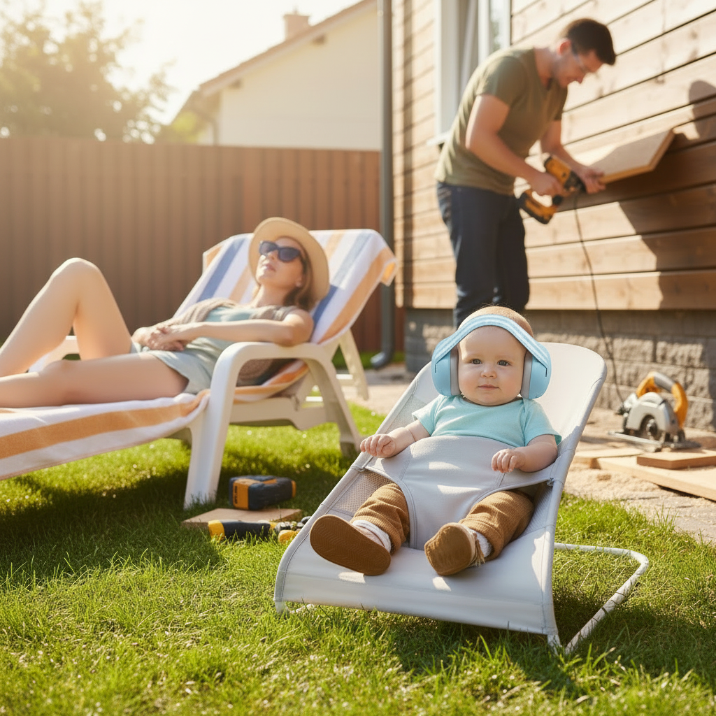 Bébé partant son casque anti-bruit pendant que papa fait des réparations sur la maison et maman relaxe près de lui