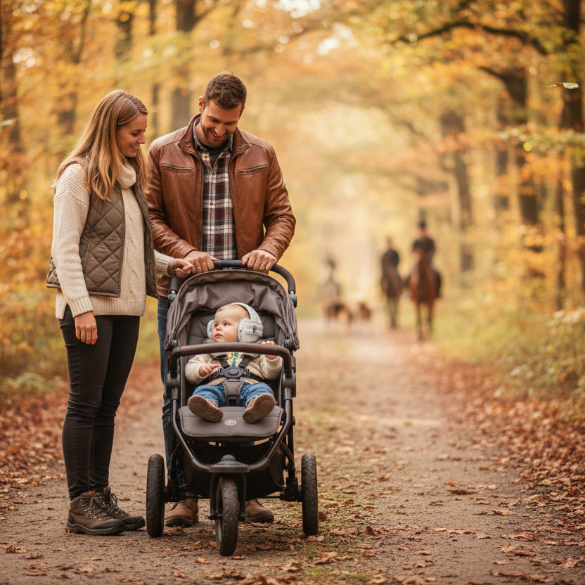 Bébé portant son casque anti-bruit dans sa poussette avec papa et maman pendant une partie de chasse à court