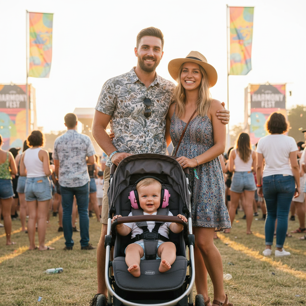 Bébé portant son casque anti-bruit dans sa poussette lors du festival dans la foule.  Papa et maman à ses côté.