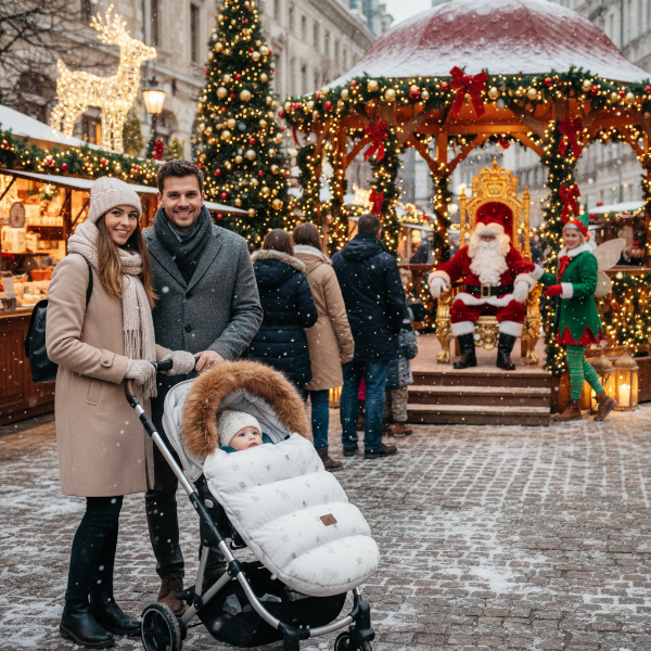 Maman et papa font la file avec bébé dans sa chancelière dans sa poussette pour aller voir le Père Noël
