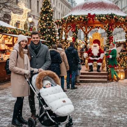 Maman et papa font la file avec bébé dans sa chancelière dans sa poussette pour aller voir le Père Noël