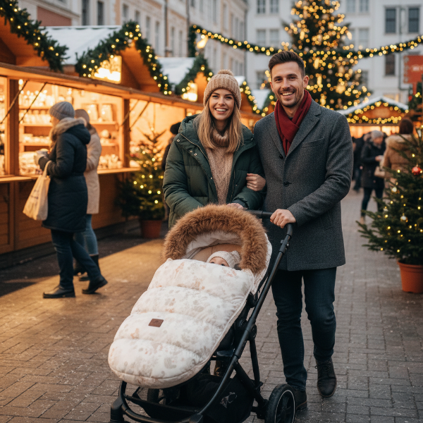 Maman, papa et bébé dams sa Chancelièredans sa poussette au Marché de Noël