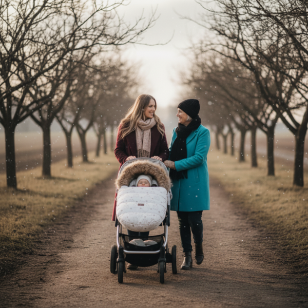 Maman et mamie prennent une marche en campagne avec bébé dans sa chancelière ivoire oursons dans sa poussette