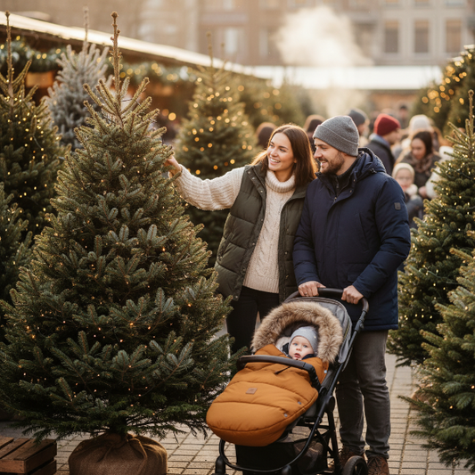 Chancelière marron papa et maman choisi le sapin au  marché Noël et bébé est au chaud dans sa chancelière