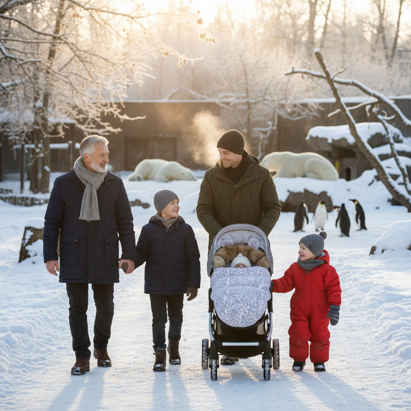 Visite au zoo d'hiver en famille bébé bien au chaud dans sa chancelière poussette blanc à pois