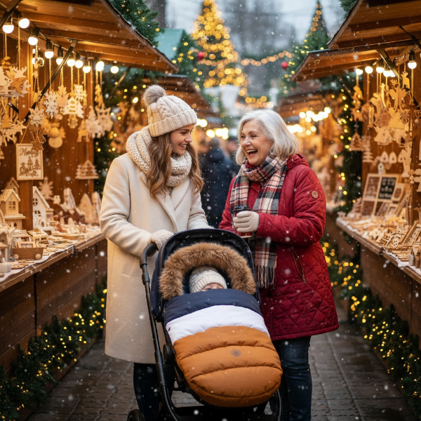 Chancelière poussette couleur marine-blanc-brun bébé avec maman et mamie au marché Noel