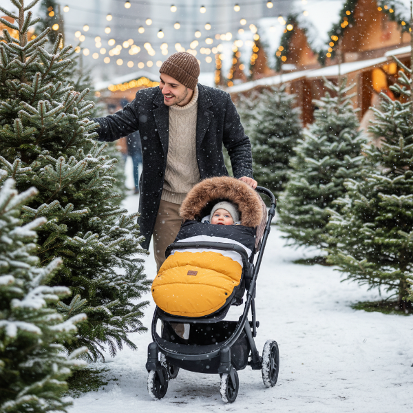 Chancelière poussette noir-blanc-jaune  bébé avec papa achète le sapin Noel