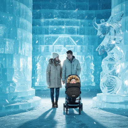 Visite au  palais de glace avec bébé dans sa chancelière poussette noir à pois