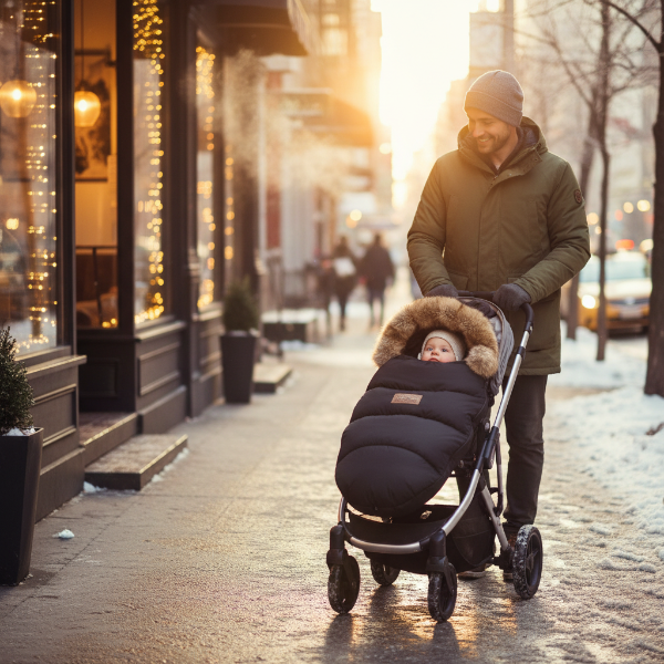 Marche de santé de papa et bébé dans sa chancelière poussette noir en ville