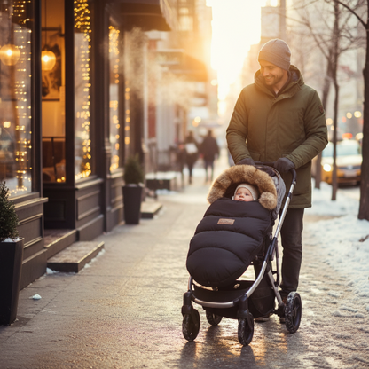 Marche de santé de papa et bébé dans sa chancelière poussette noir en ville
