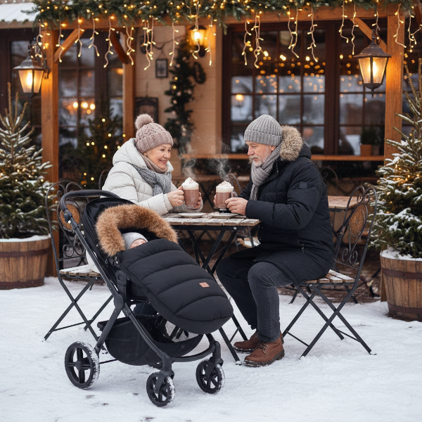 Chancelière poussette noire bébé dors pendant que papi et mamie déguste un chocolat chaud sur la terrasse d'un café