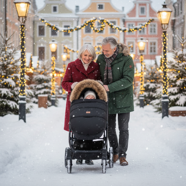 Mamie et papi au royaume du père  Noël avec bébé au chaud dans sa chancelière poussette noire
