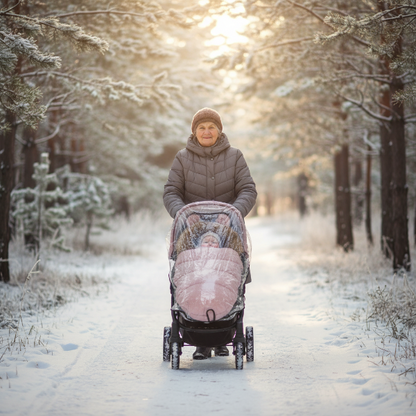 Promenade de mamie en. forêt avec bébé au chaud dans sa chancelière poussette rose