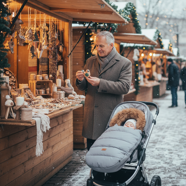 Papi magasine les cadeaux artisanal à l'extérieur pendant que bébé dors dans la poussette dans sa chancelière
