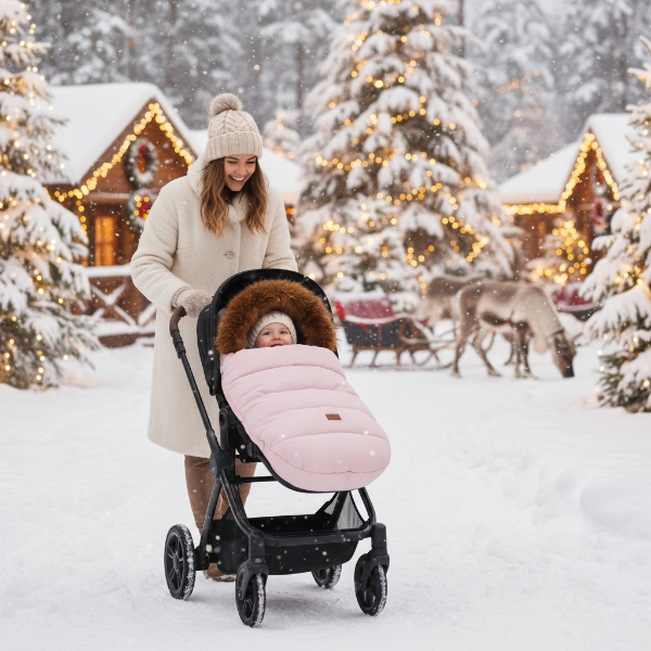 Chancelière poussette rose bébé et maman au royaume du père Noël