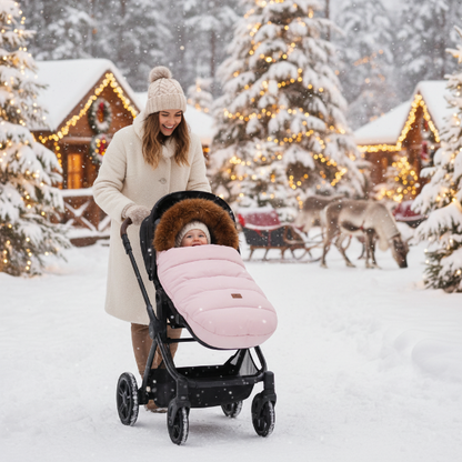 Chancelière poussette rose bébé et maman au royaume du père Noël